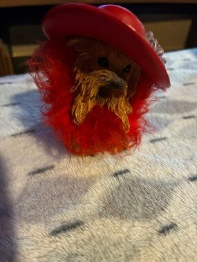 Yorkie Novelty Resin Dog Figurine with Red Feather Trim and Pink Hat